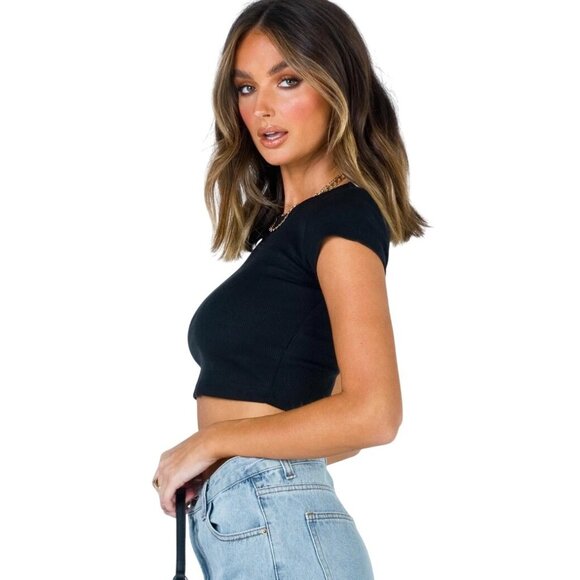 Princess Polly Black Ribbed Cropped Flirty Baby Tee T-Shirt Crop Top Y2K Inspo - Picture 3 of 15